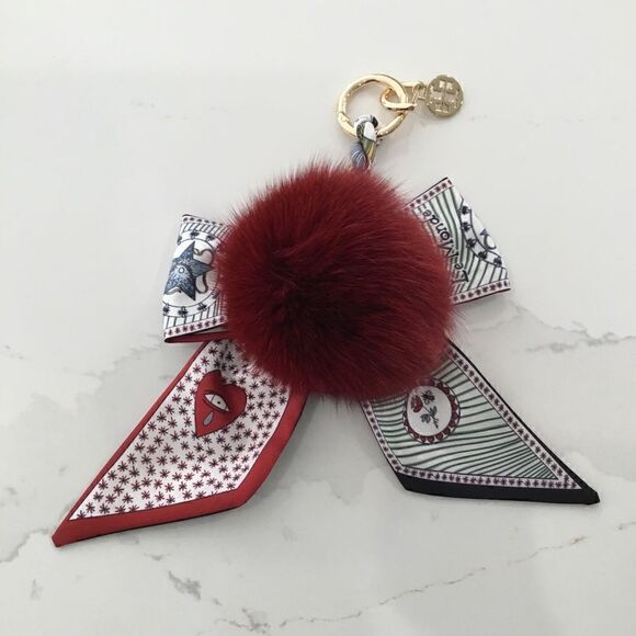 TORY BURCH KEY CHARM FOX FUR SILKY BOW - Picture 2 of 5